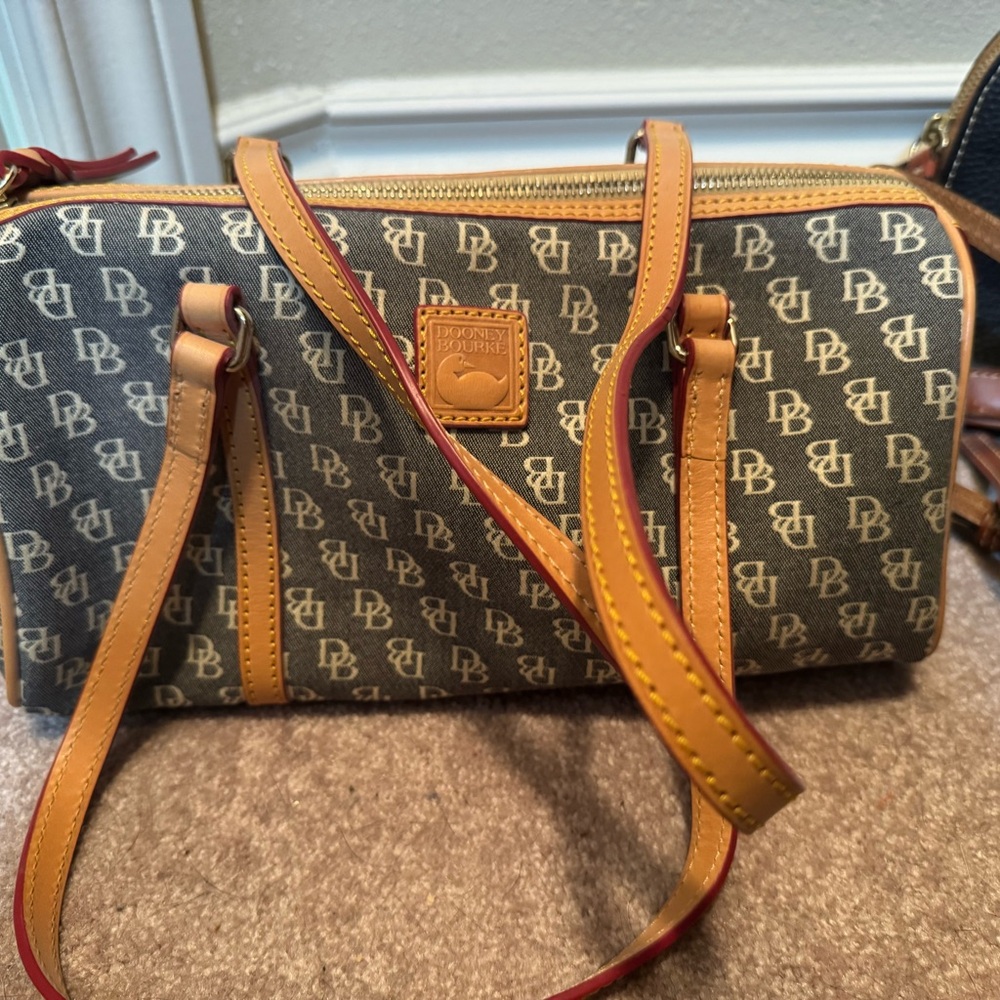 Dooney & Bourke Brown Monogram Barrel Satchel with Tan Trim